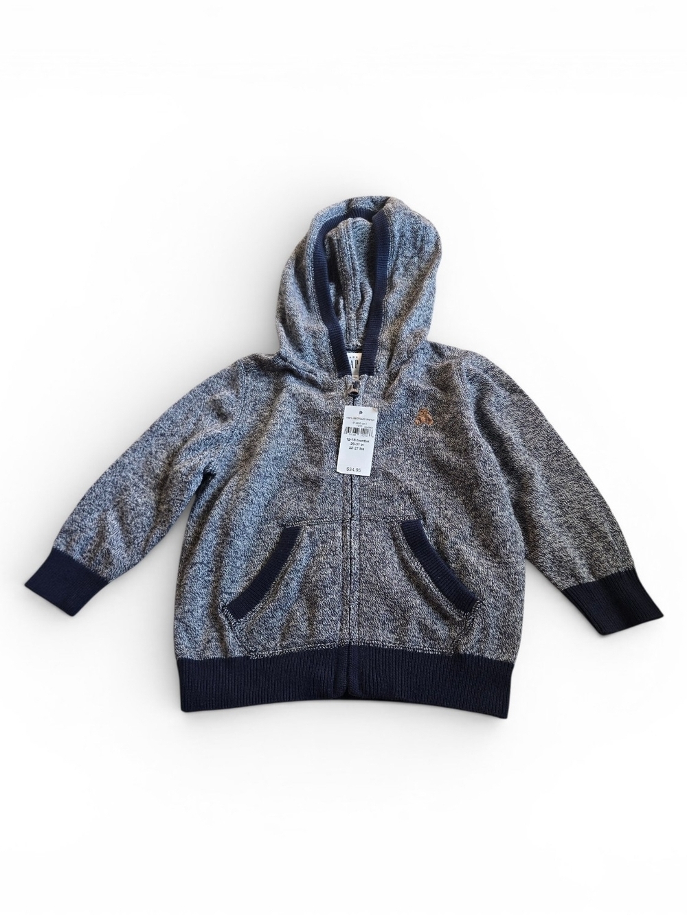 baby Gap Toddler Boy 12–18M Navy Heather Hooded Zip Sweater Jacket Bear Logo